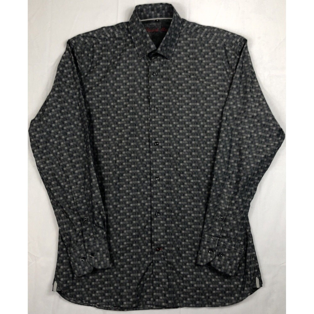 Visconti Black Shirt Men's MED Black Gray Weaved Button Up Long Sleeve Flip Cuff - Picture 2 of 9